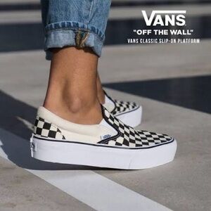 Vans Classic Slip On Checkerboard Platform Shoes Black White Size 8.5